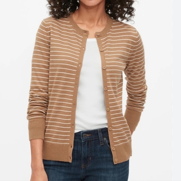 GAP Crew Neck Stripe Cardigan Camel Brown S - Picture 7 of 7